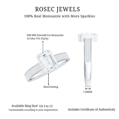 1.8 Carat Emerald Cut Moissanite Bezel Set Engagement Ring with Side Stones