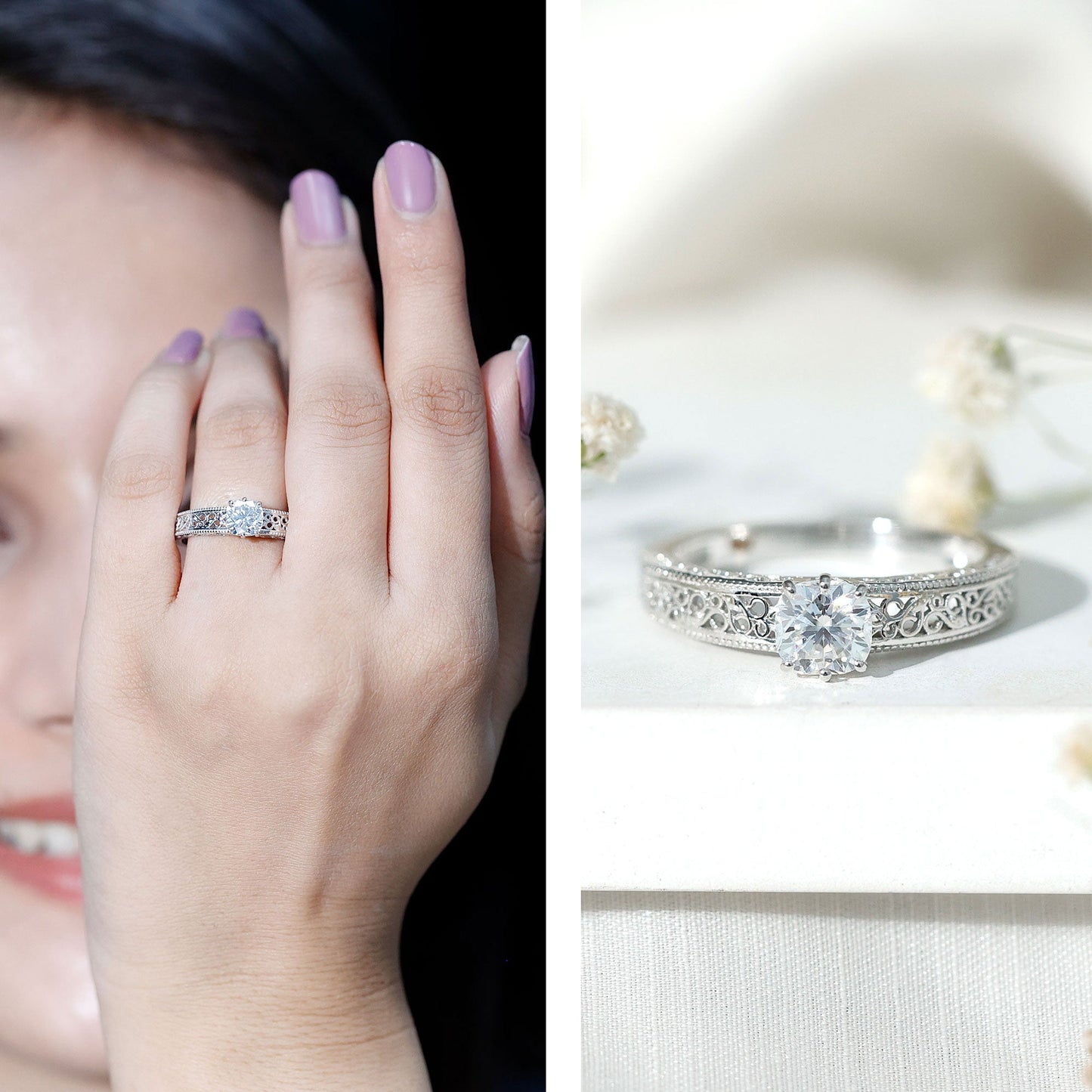 Cushion Cut Solitaire Moissanite Engagement Ring with Filigree Detail