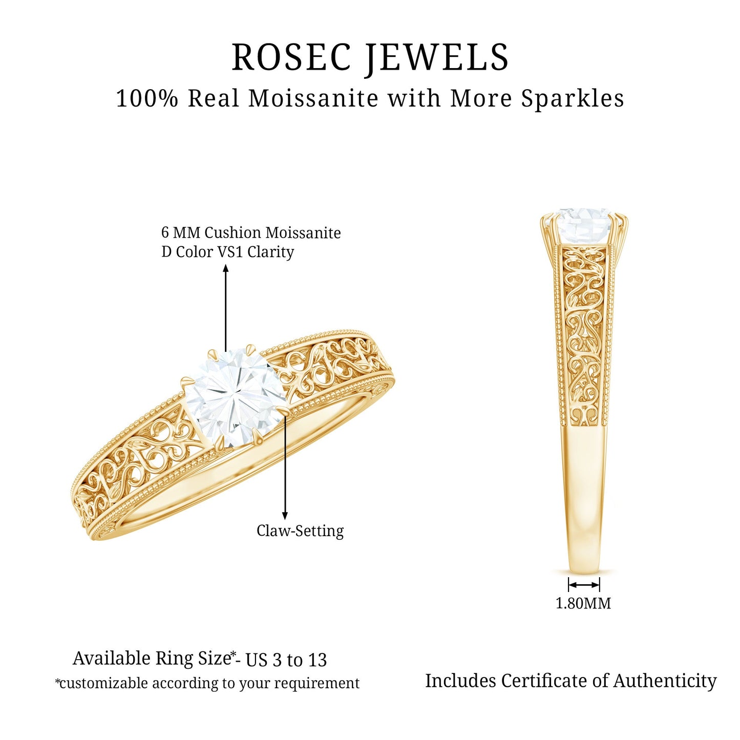 Cushion Cut Solitaire Moissanite Engagement Ring with Filigree Detail