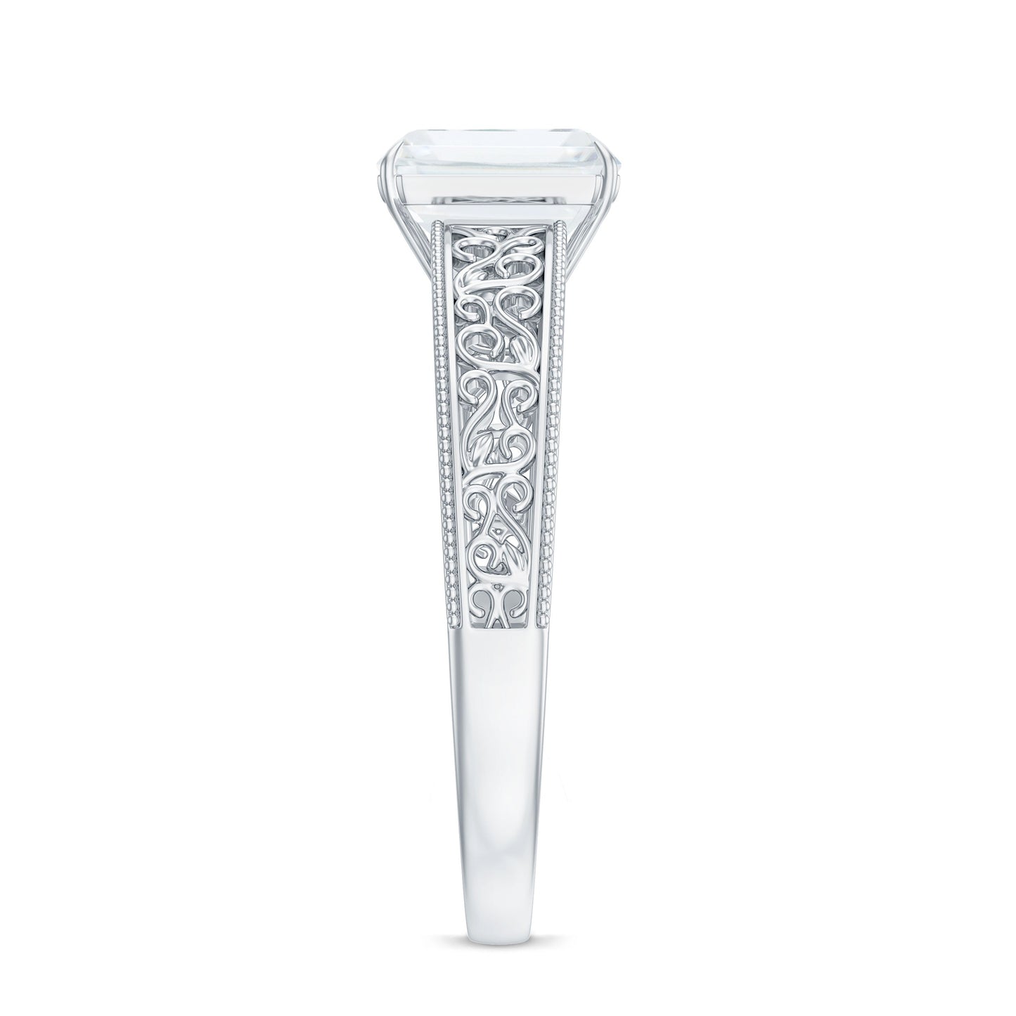 Certified Emerald Cut Moissanite Filigree Engagement Ring for Women