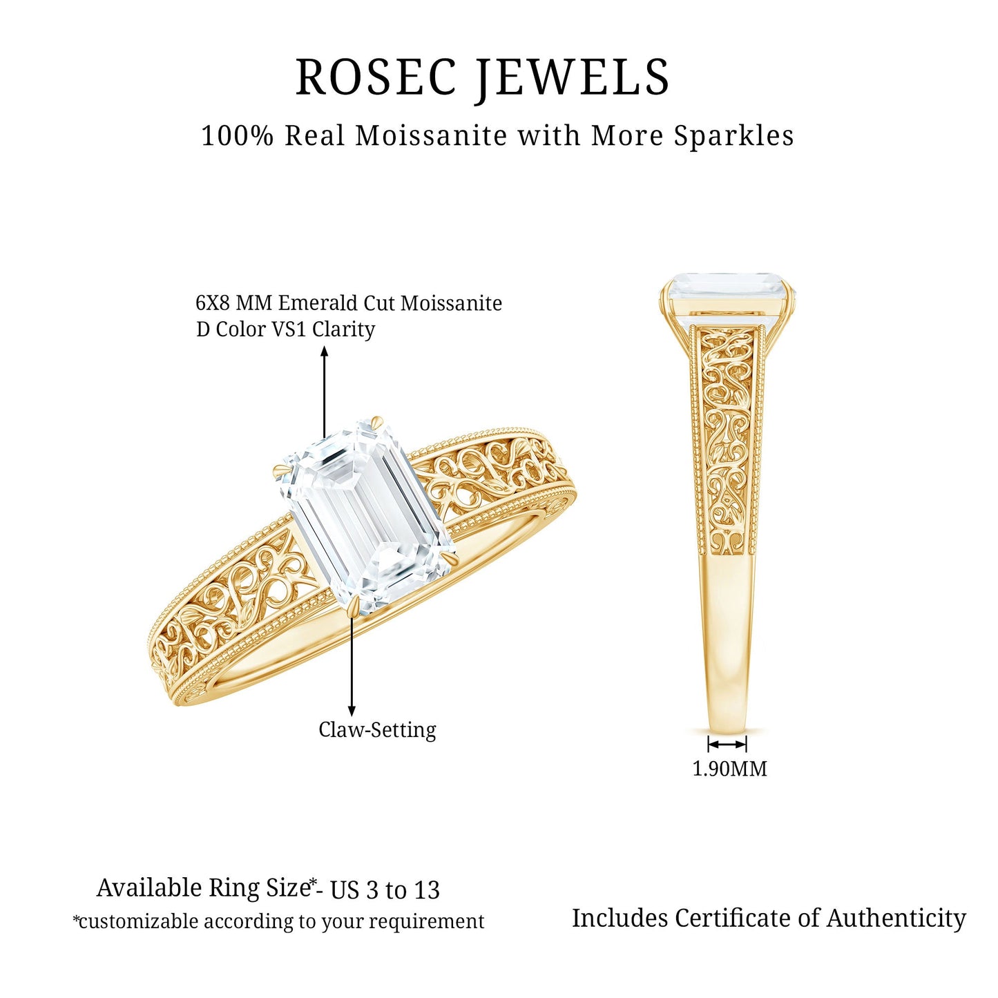 Certified Emerald Cut Moissanite Filigree Engagement Ring for Women