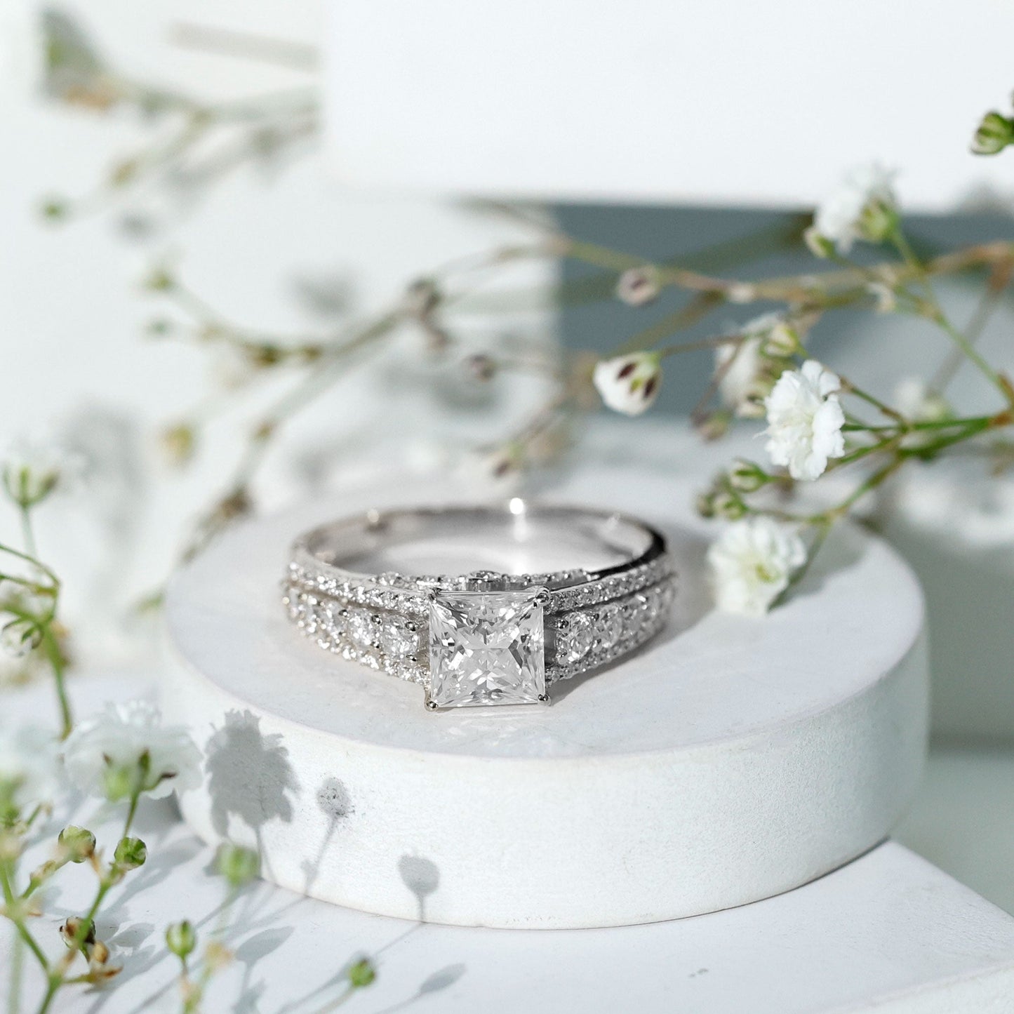 Princess Cut Moissanite Engagement Ring with Side Stones