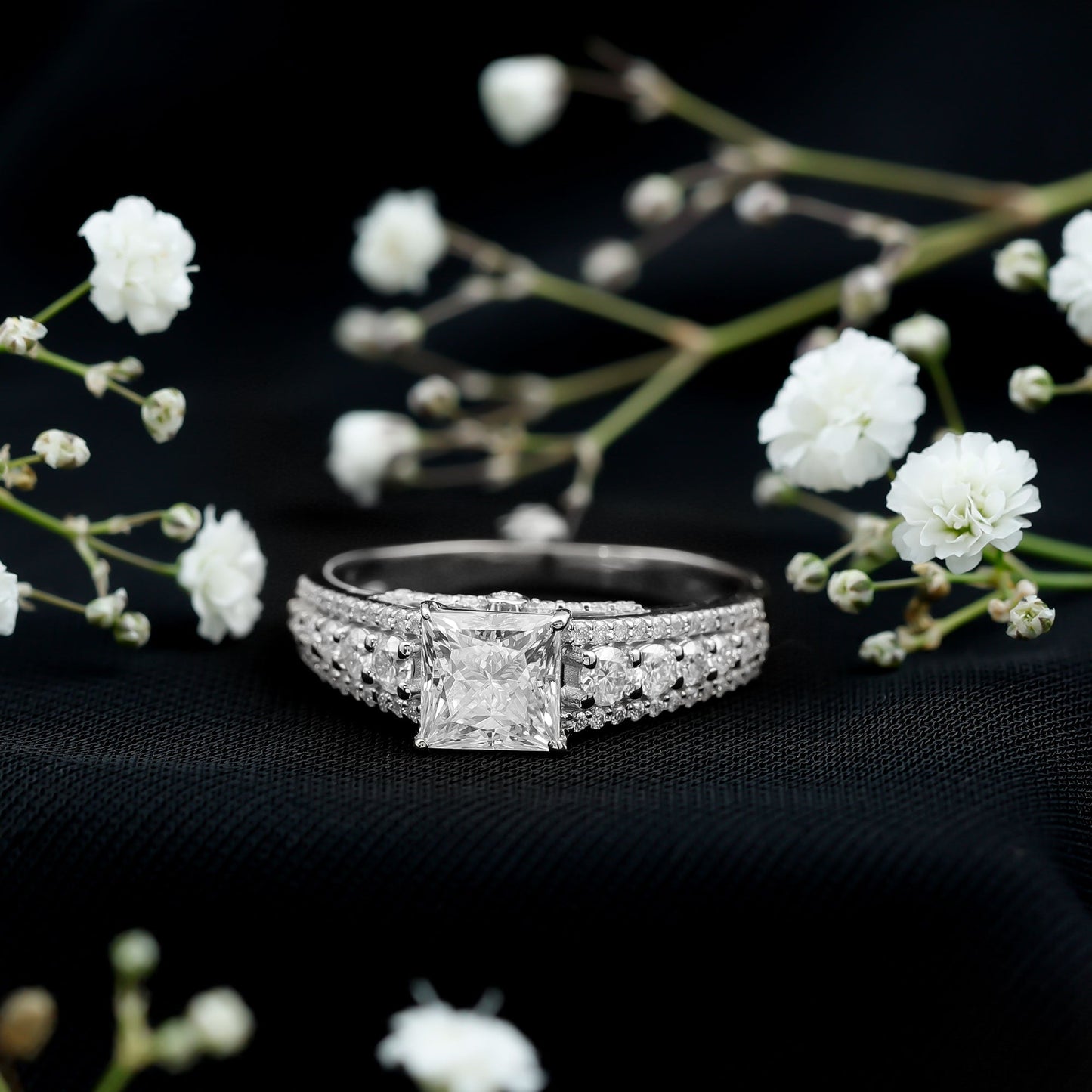 Princess Cut Moissanite Engagement Ring with Side Stones