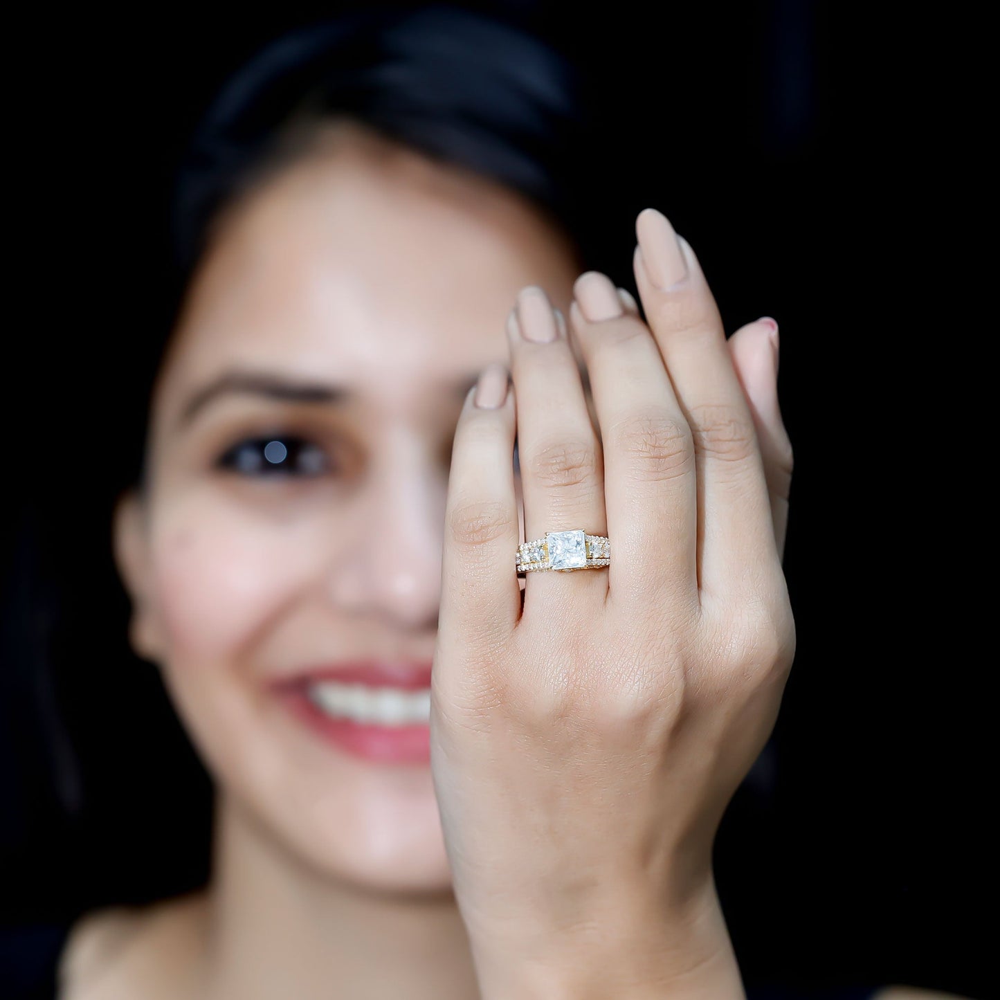 Princess Cut Moissanite Engagement Ring with Side Stones