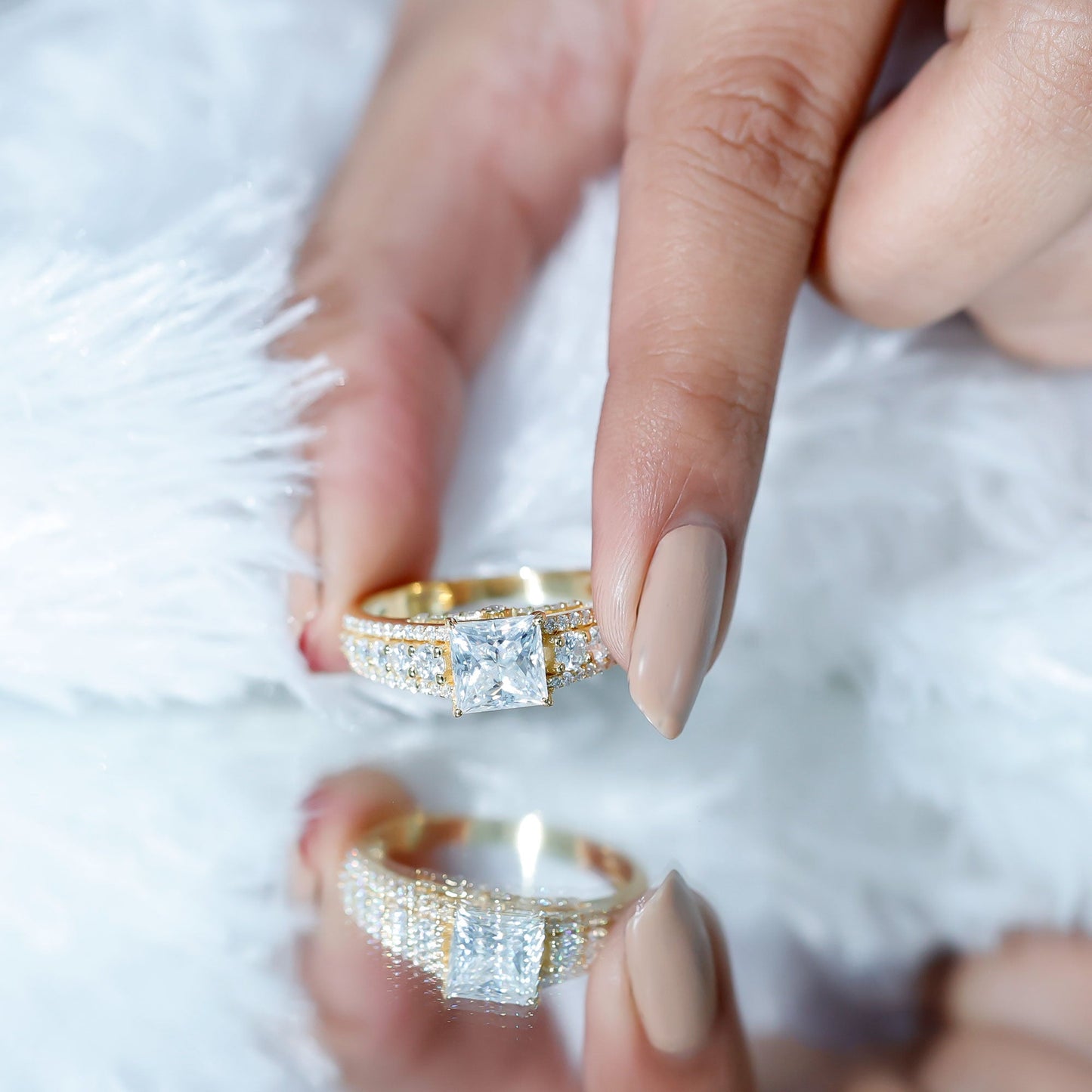 Princess Cut Moissanite Engagement Ring with Side Stones