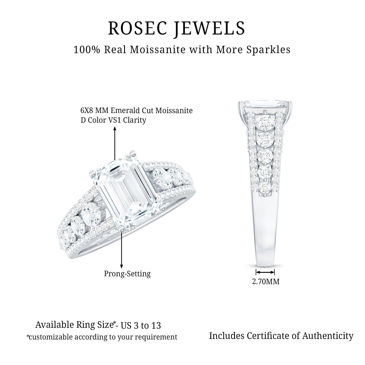 Certified Emerald Cut Moissanite Solitaire Engagement Ring for Women