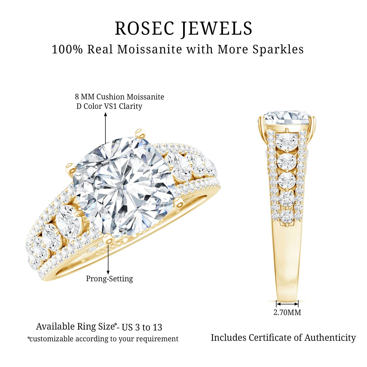 3 Carat Cushion Cut Moissanite Engagement Ring with Side Stones