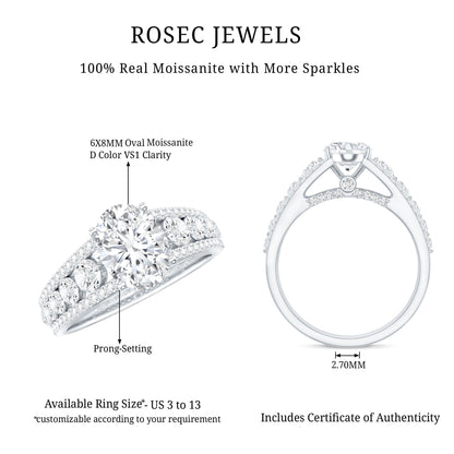 Certified Moissanite Oval Engagement Ring with Side Stones