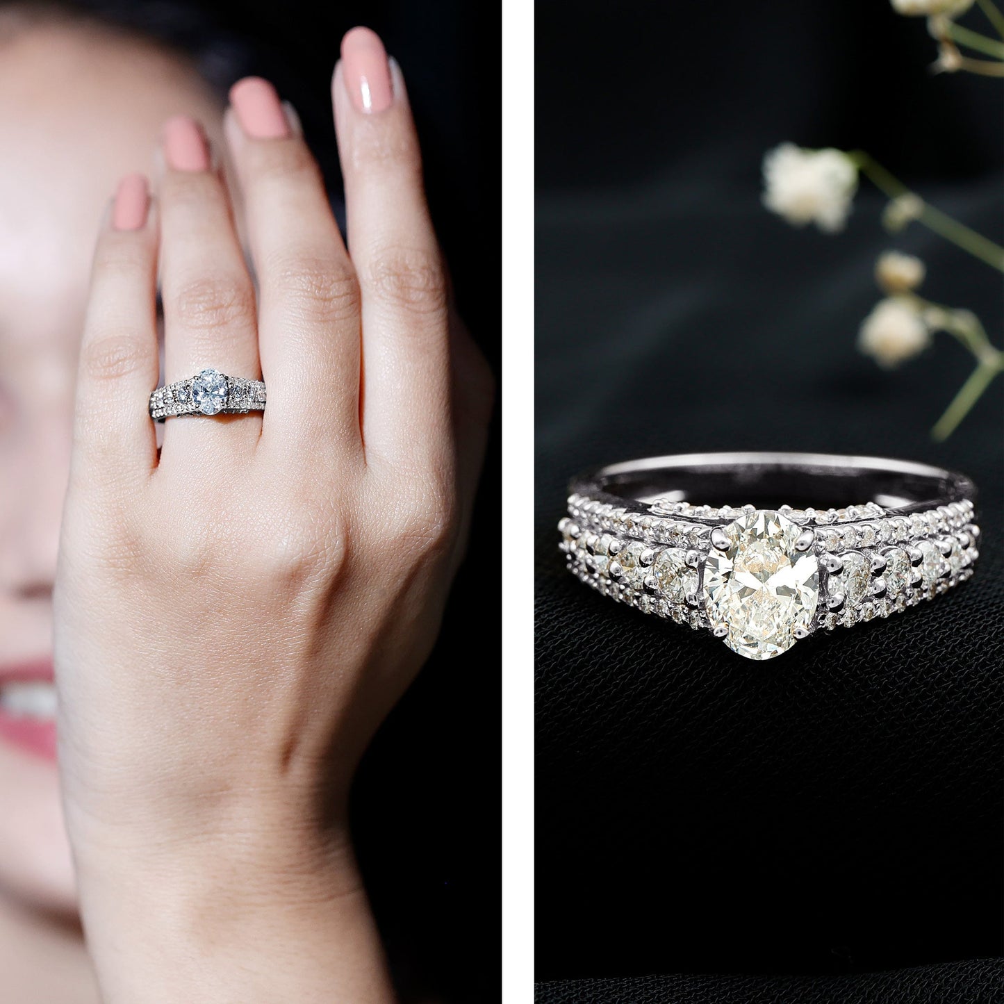 Certified Moissanite Oval Engagement Ring with Side Stones