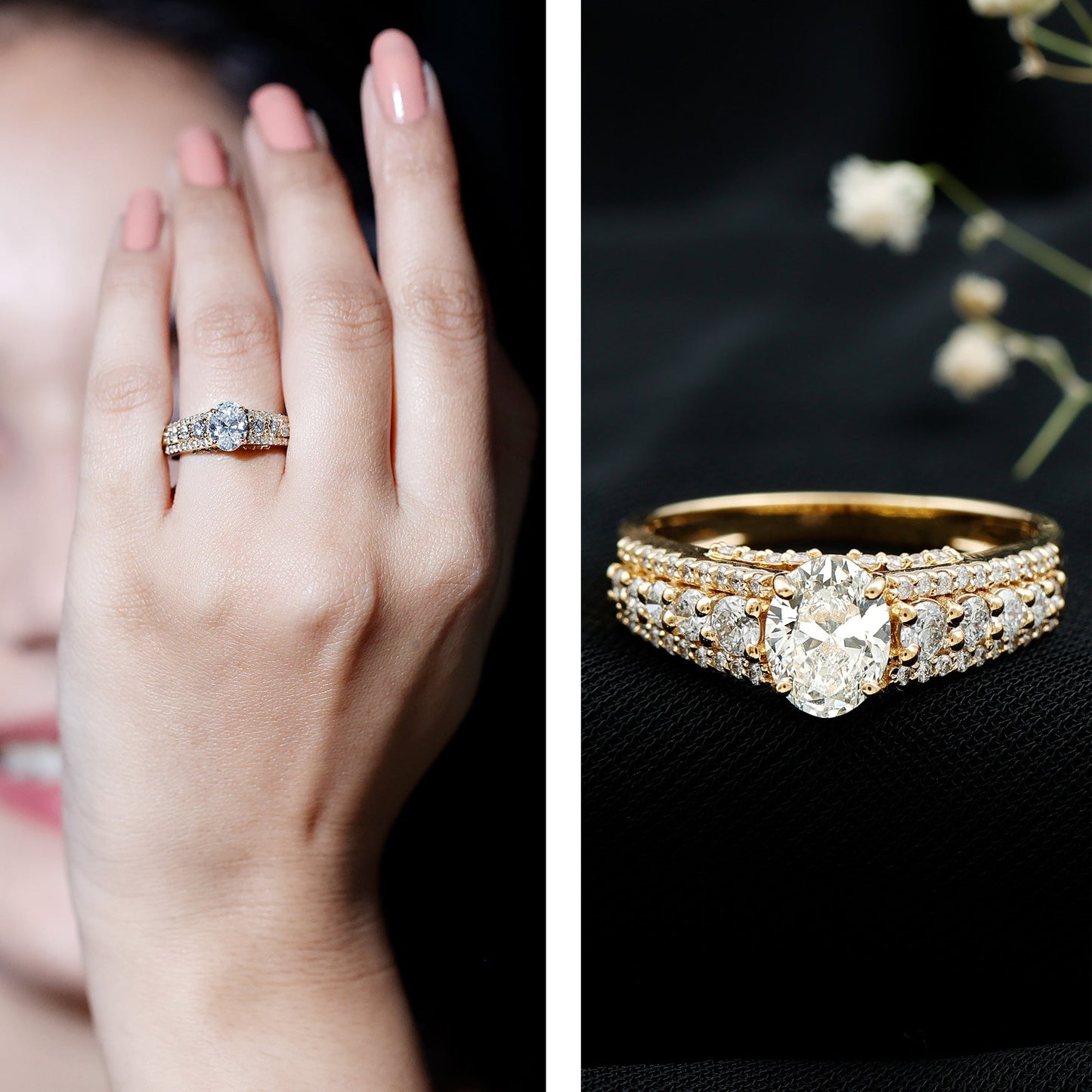 Certified Moissanite Oval Engagement Ring with Side Stones