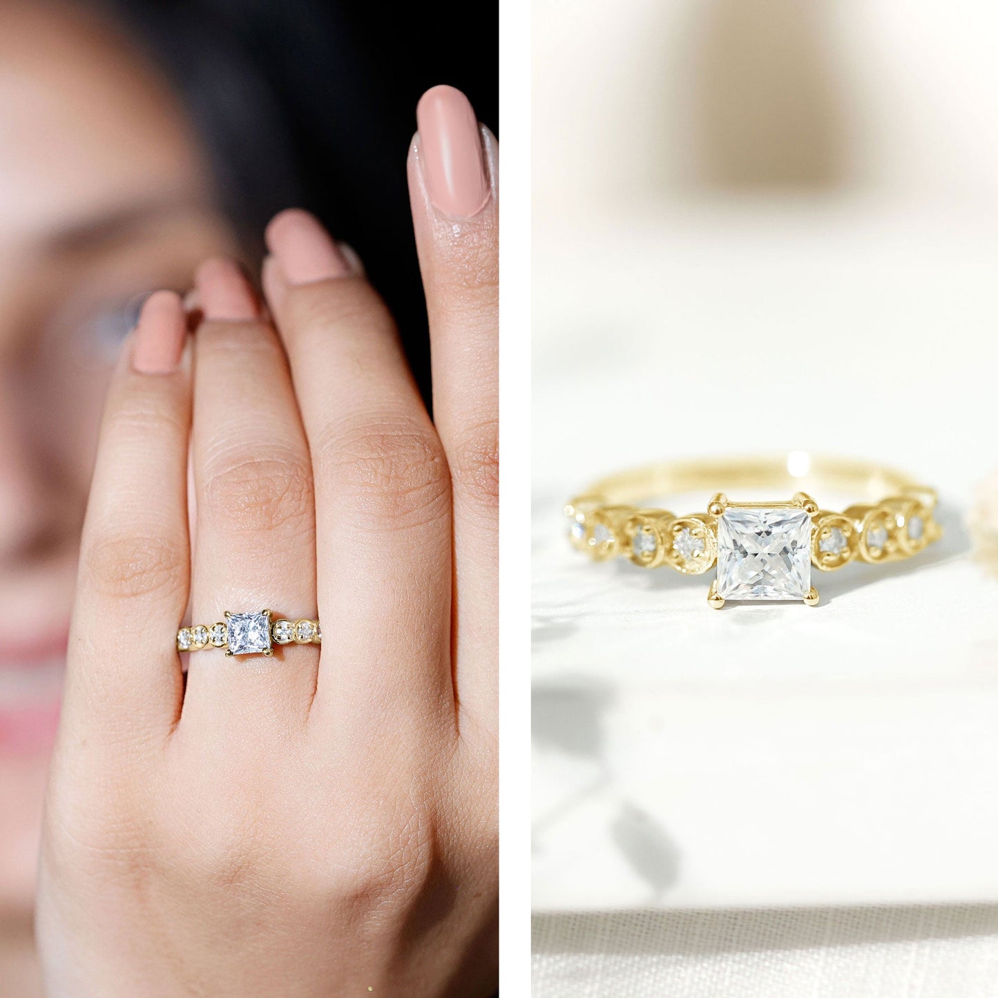 Square Cut Moissanite Engagement Ring with Side Stones