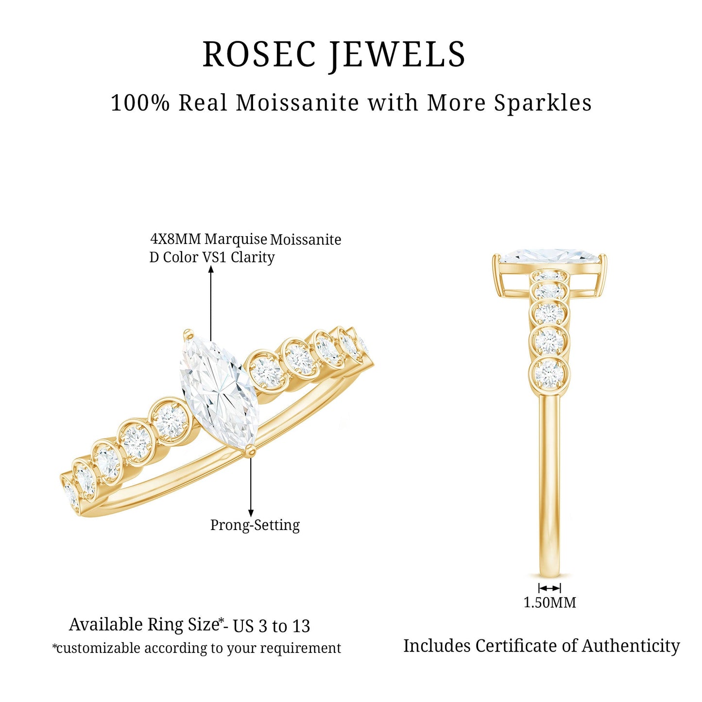 0.7 Carat Marquise Cut Moissanite Solitaire Engagement Ring with Side Stones