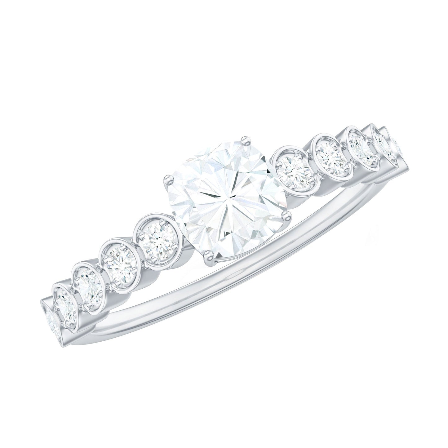 1.7 Carat Cushion Cut Moissanite Solitaire Engagement Ring with Side Stones