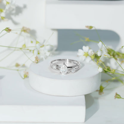 Pear Cut Moissanite Engagement Ring with Double Band