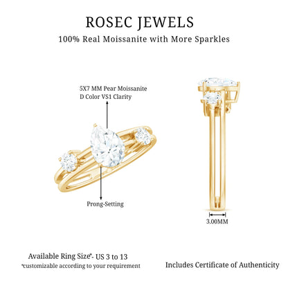 Pear Cut Moissanite Engagement Ring with Double Band