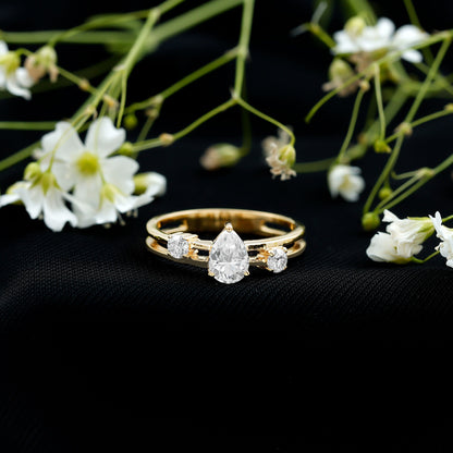 Pear Cut Moissanite Engagement Ring with Double Band