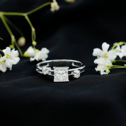 Princess Cut Moissanite Engagement Ring with Double Band