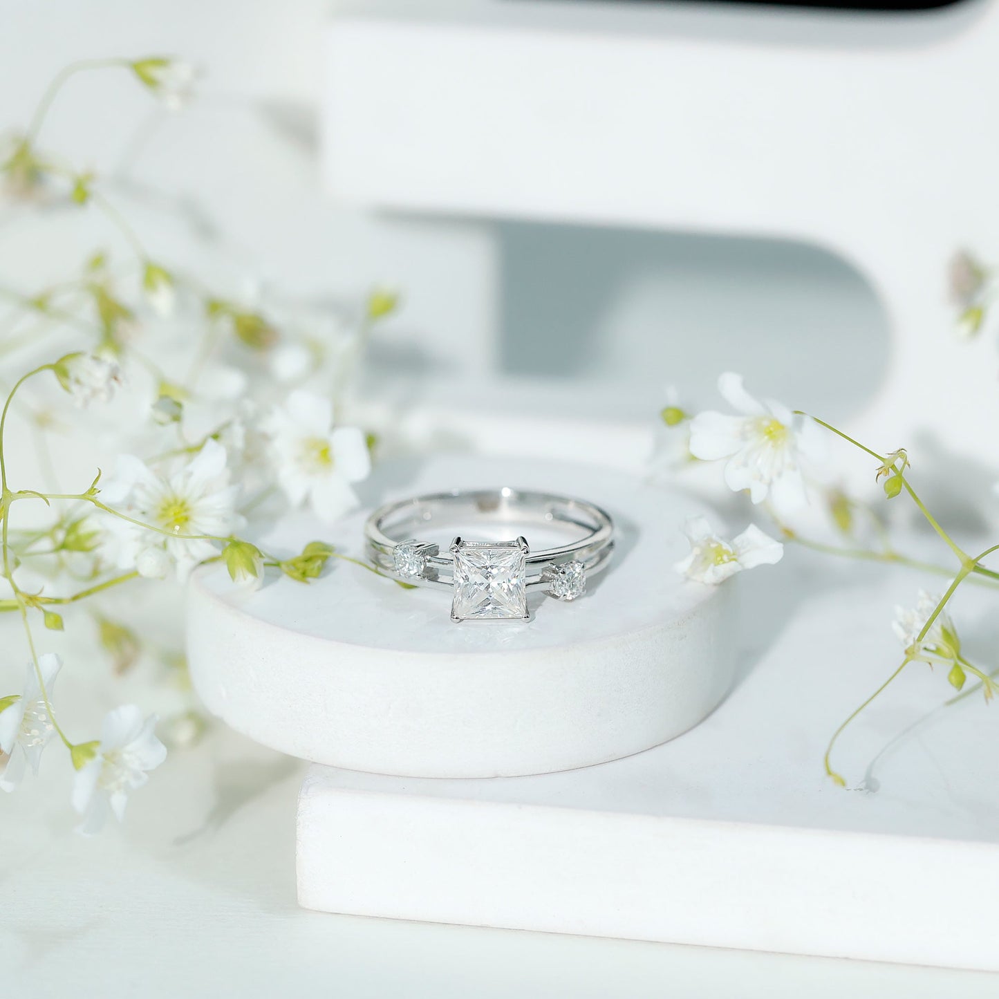 Princess Cut Moissanite Engagement Ring with Double Band