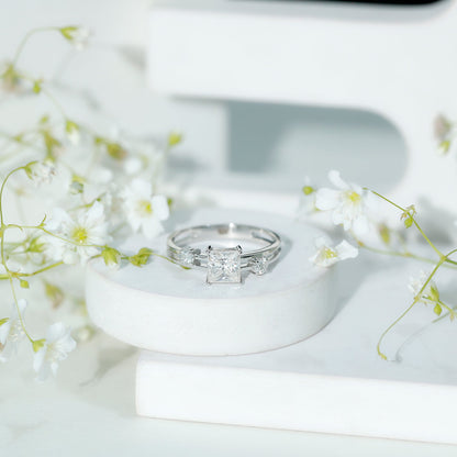 Princess Cut Moissanite Engagement Ring with Double Band