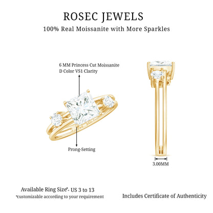 Princess Cut Moissanite Engagement Ring with Double Band