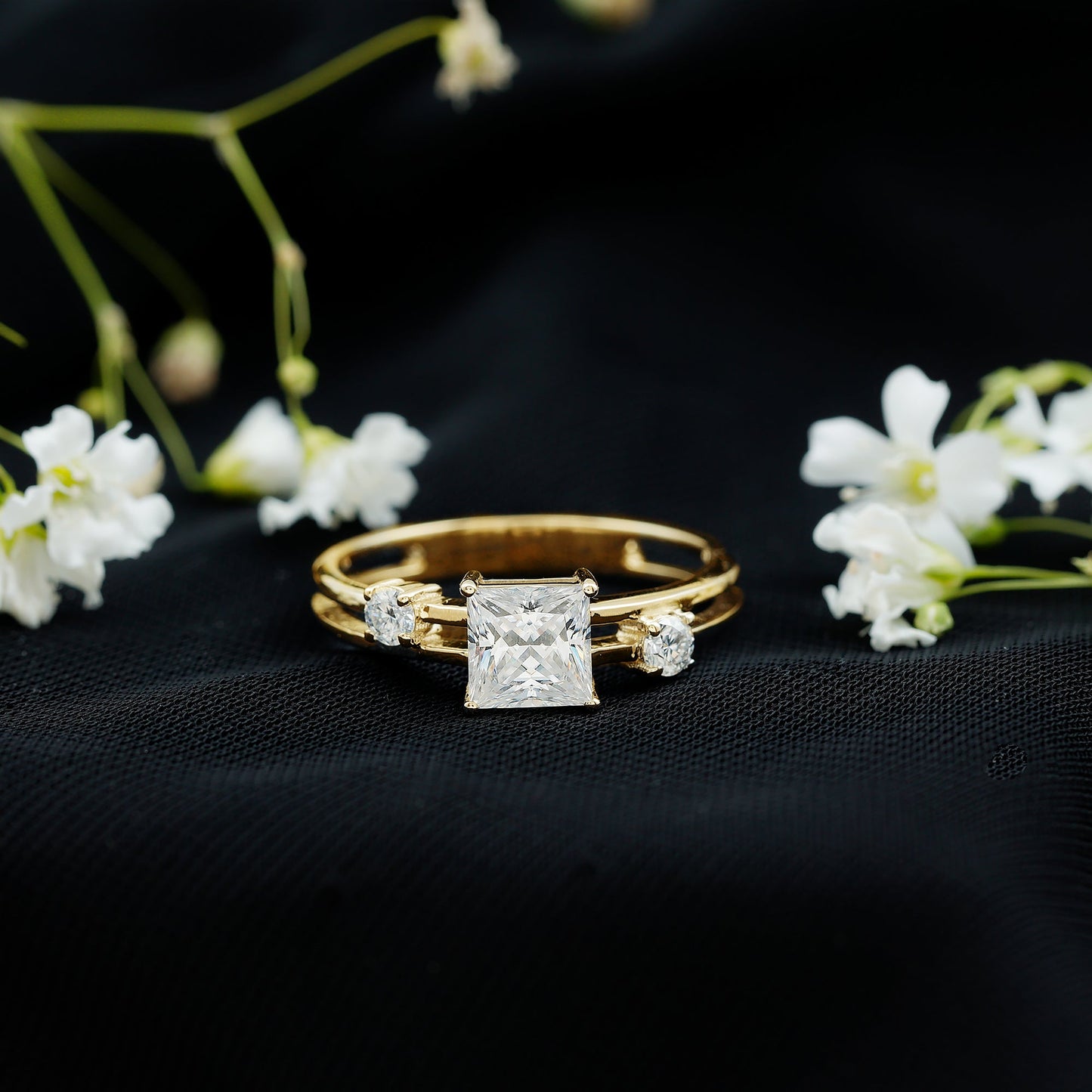 Princess Cut Moissanite Engagement Ring with Double Band