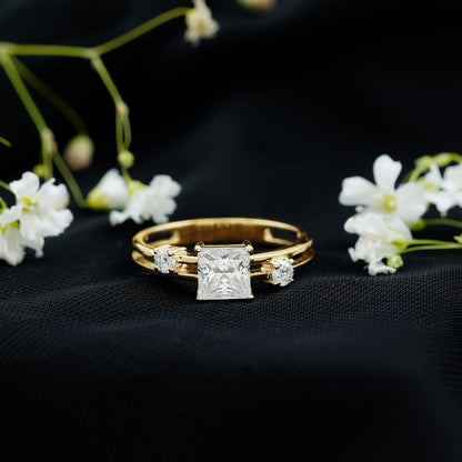 Princess Cut Moissanite Engagement Ring with Double Band