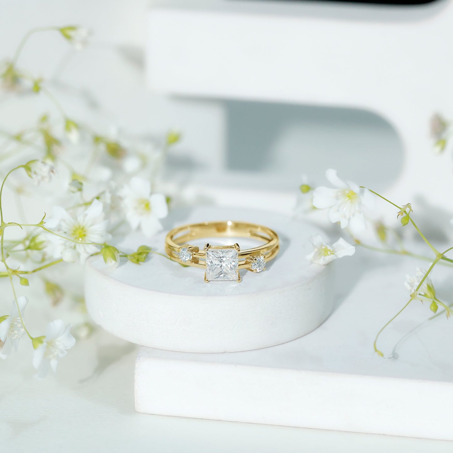 Princess Cut Moissanite Engagement Ring with Double Band