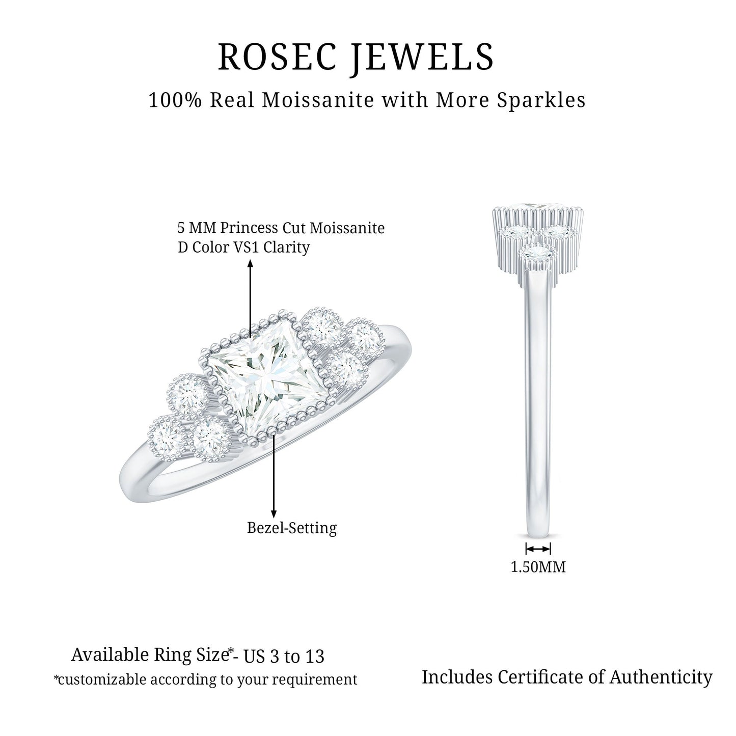 0.7 Carat Princess Cut Moissanite Classic Solitaire Engagement Ring