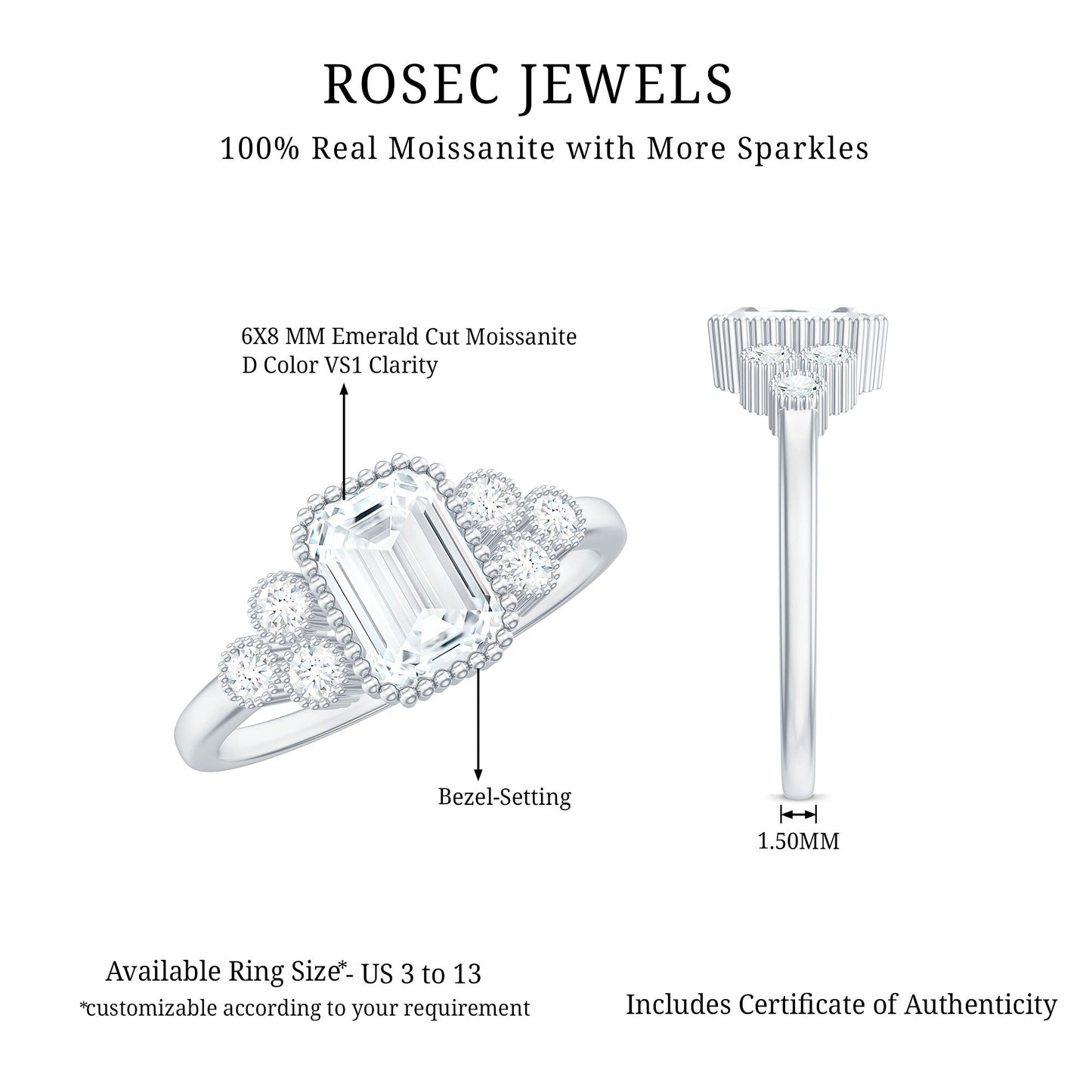 1.8 Carat Emerald Cut Moissanite Classic Engagement Ring with Beaded Details