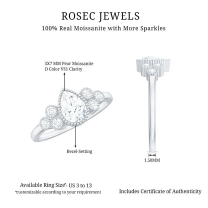 0.7 Carat Pear Shaped Moissanite Classic Engagement Ring with Beaded Details