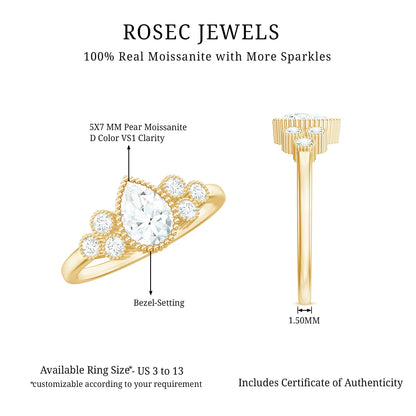 0.7 Carat Pear Shaped Moissanite Classic Engagement Ring with Beaded Details