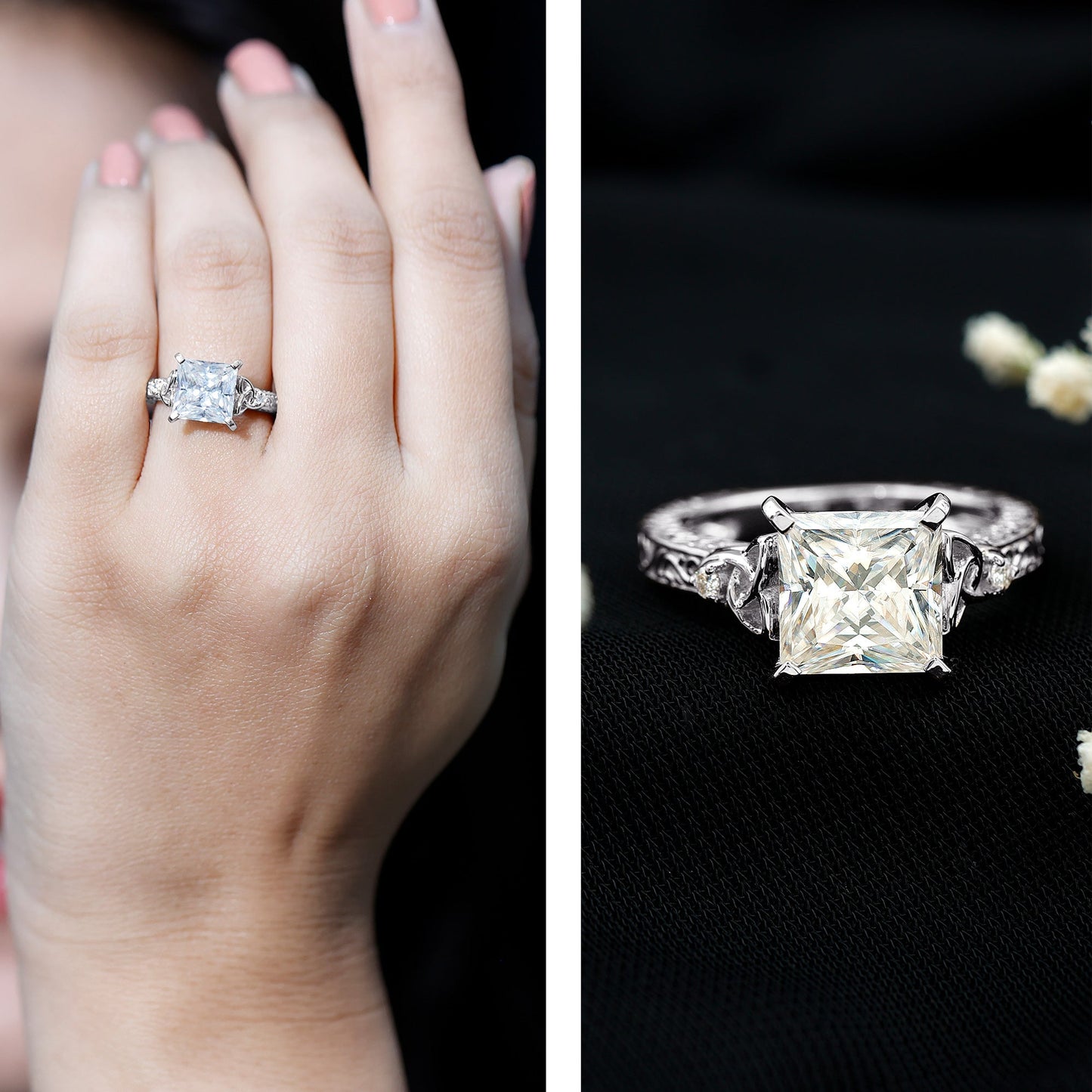 Antique Style 3 Carat Princess Cut Moissanite Celtic Knot Engagement Ring