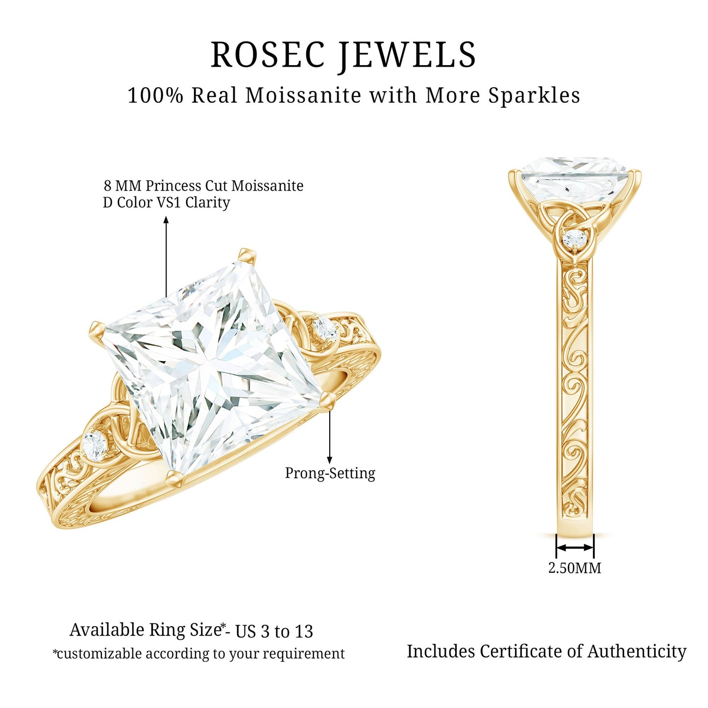Antique Style 3 Carat Princess Cut Moissanite Celtic Knot Engagement Ring