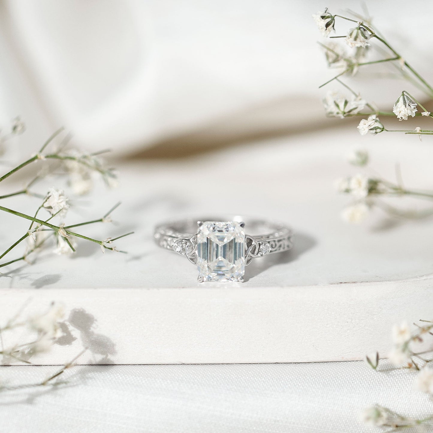 2.8 Carat Emerald Cut Moissanite Solitaire Celtic Ring with Engraved Shank