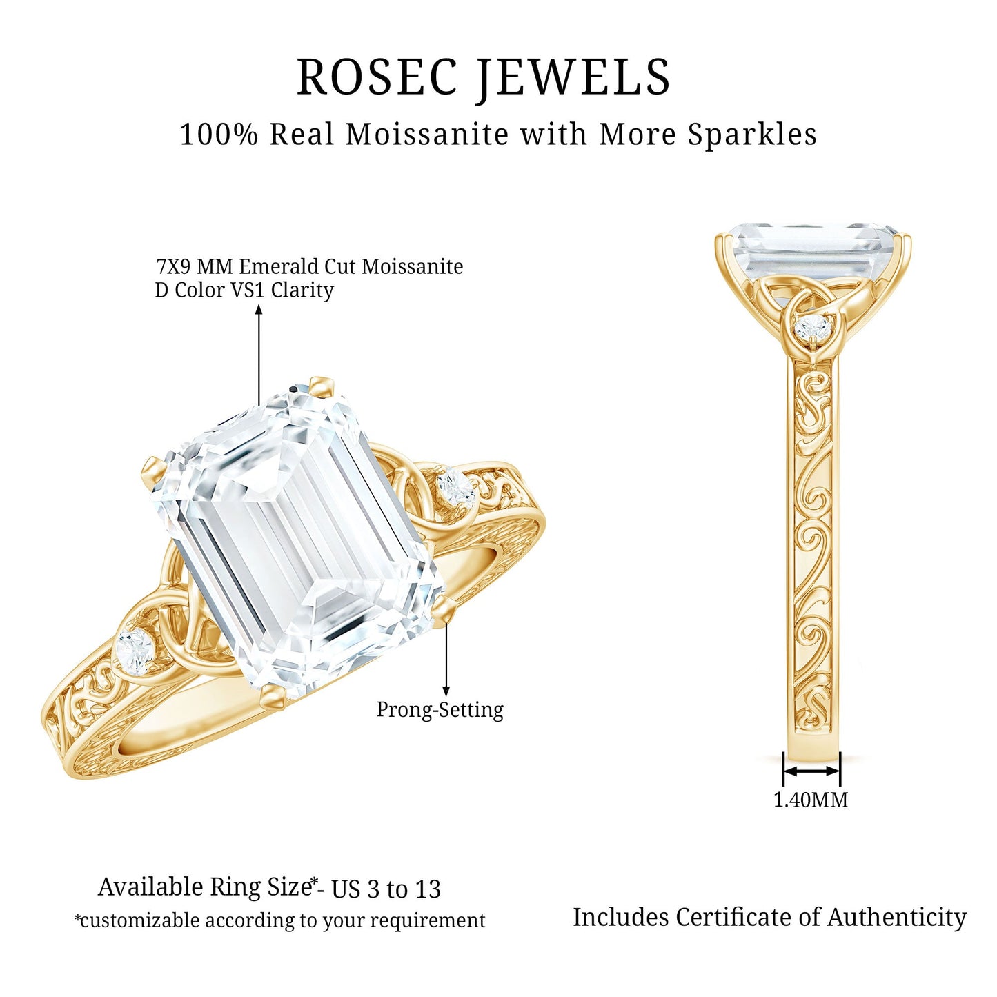2.8 Carat Emerald Cut Moissanite Solitaire Celtic Ring with Engraved Shank