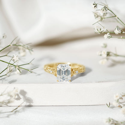 2.8 Carat Emerald Cut Moissanite Solitaire Celtic Ring with Engraved Shank