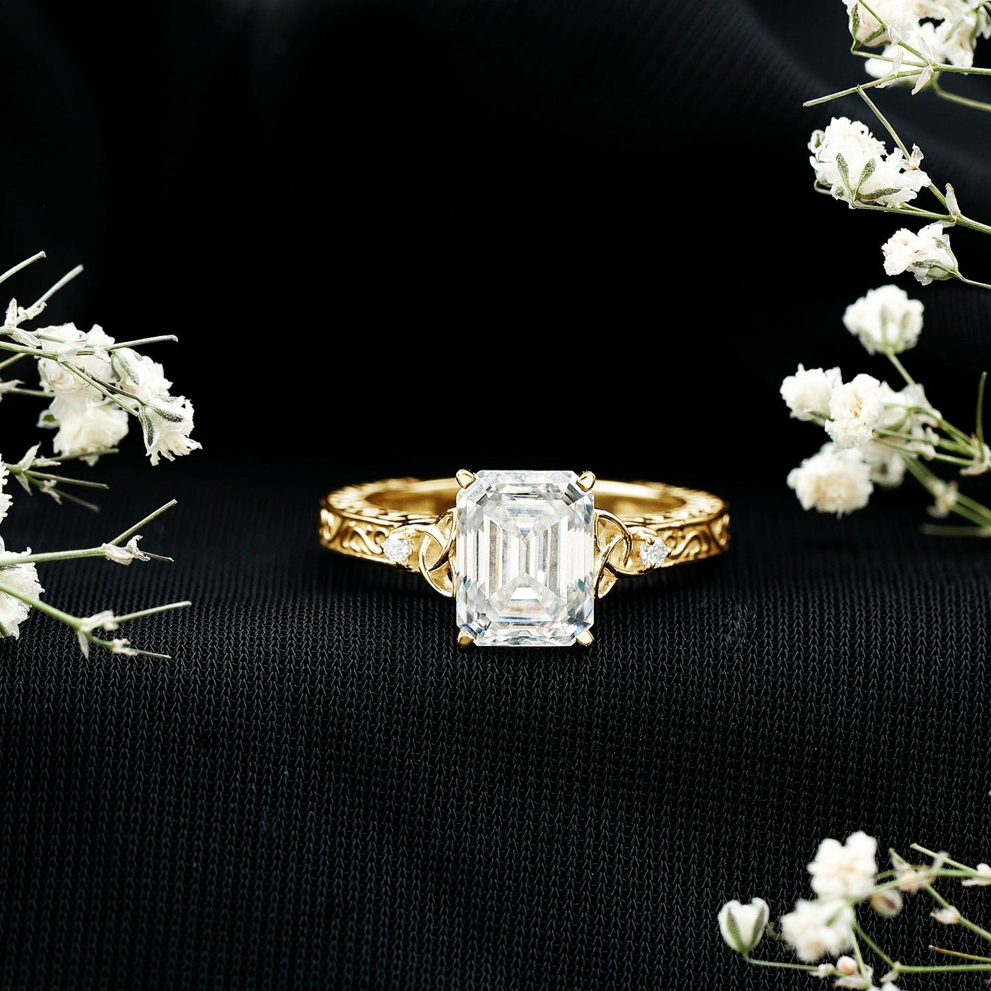 2.8 Carat Emerald Cut Moissanite Solitaire Celtic Ring with Engraved Shank