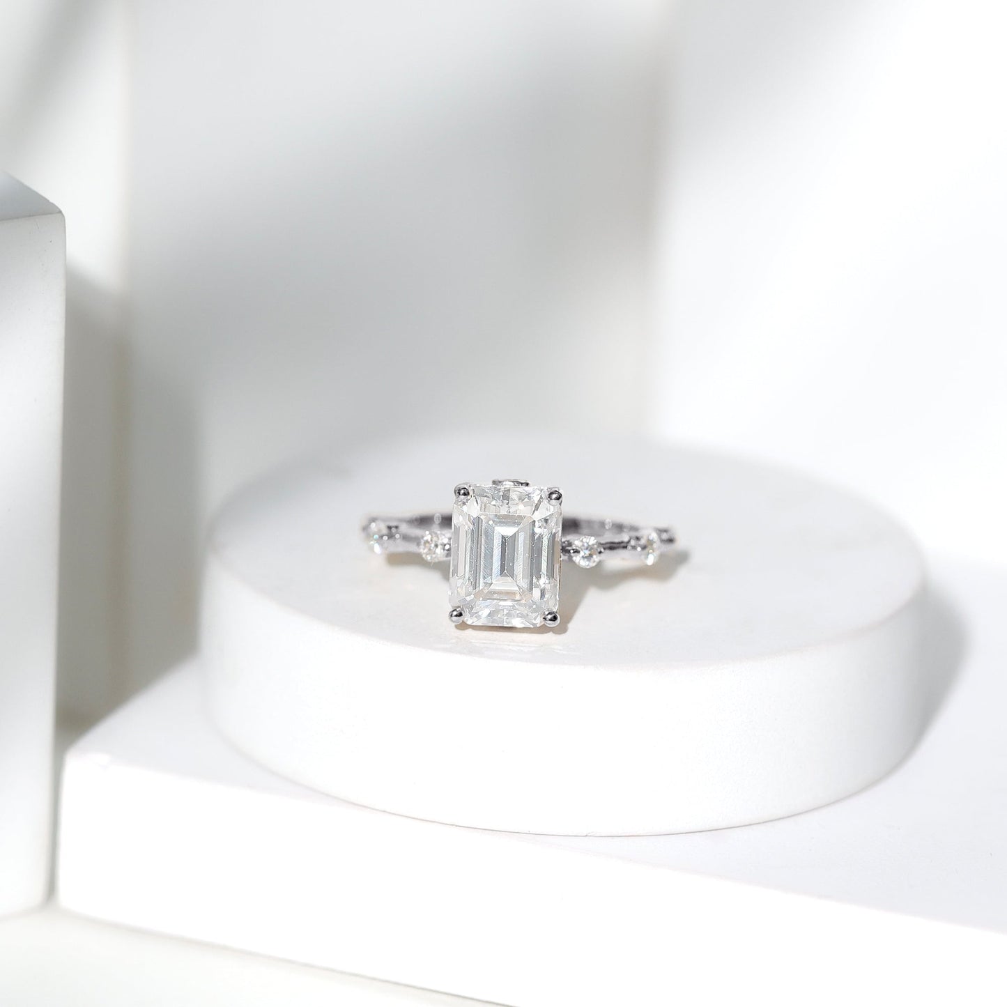 Emerald Cut Moissanite Large Engagement Ring With Certificate