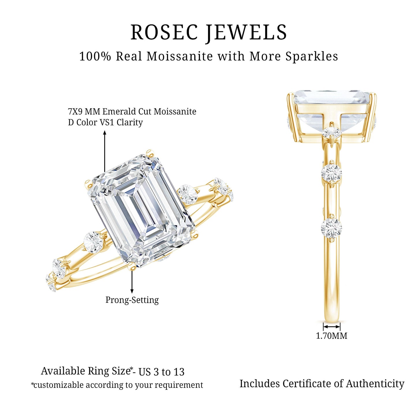 Emerald Cut Moissanite Large Engagement Ring With Certificate