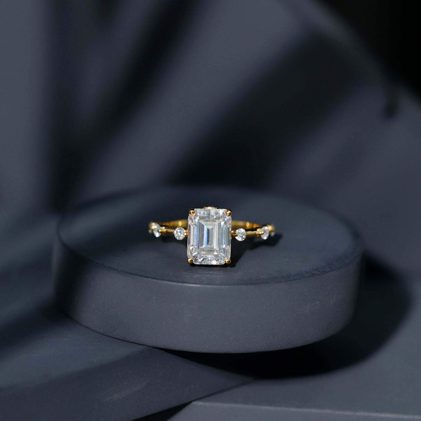 Emerald Cut Moissanite Large Engagement Ring With Certificate