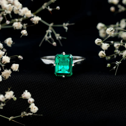 3 Carat Emerald Cut Lab Grown Emerald Solitaire Engagement Ring