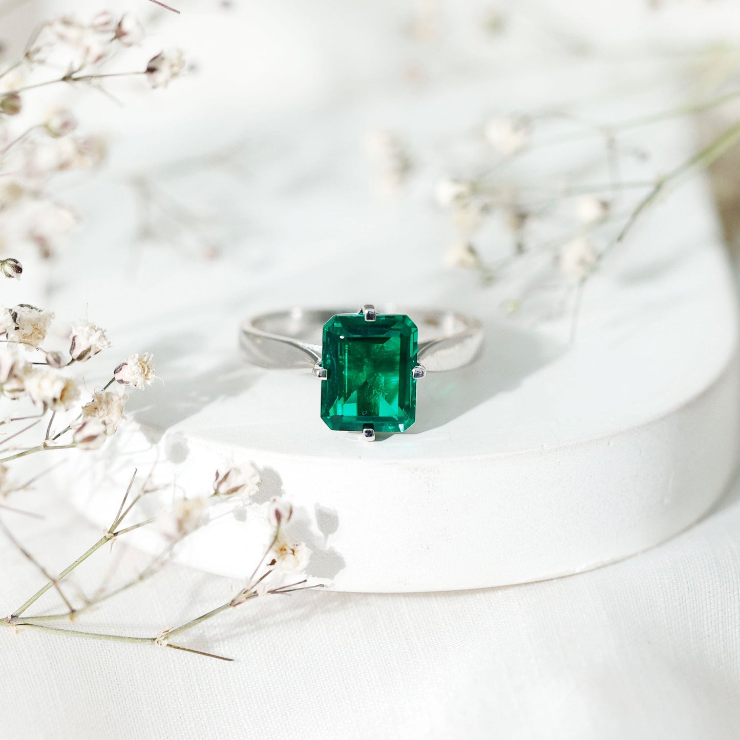 3 Carat Emerald Cut Lab Grown Emerald Solitaire Engagement Ring