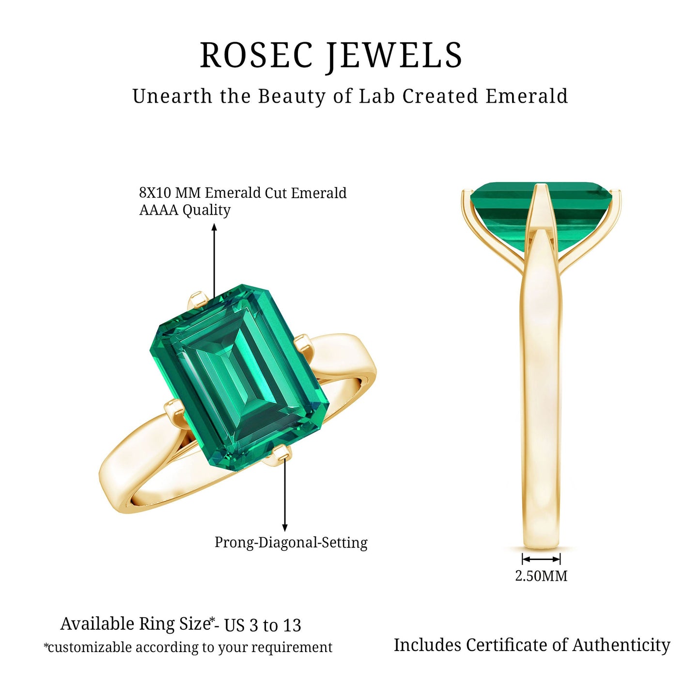 3 Carat Emerald Cut Lab Grown Emerald Solitaire Engagement Ring