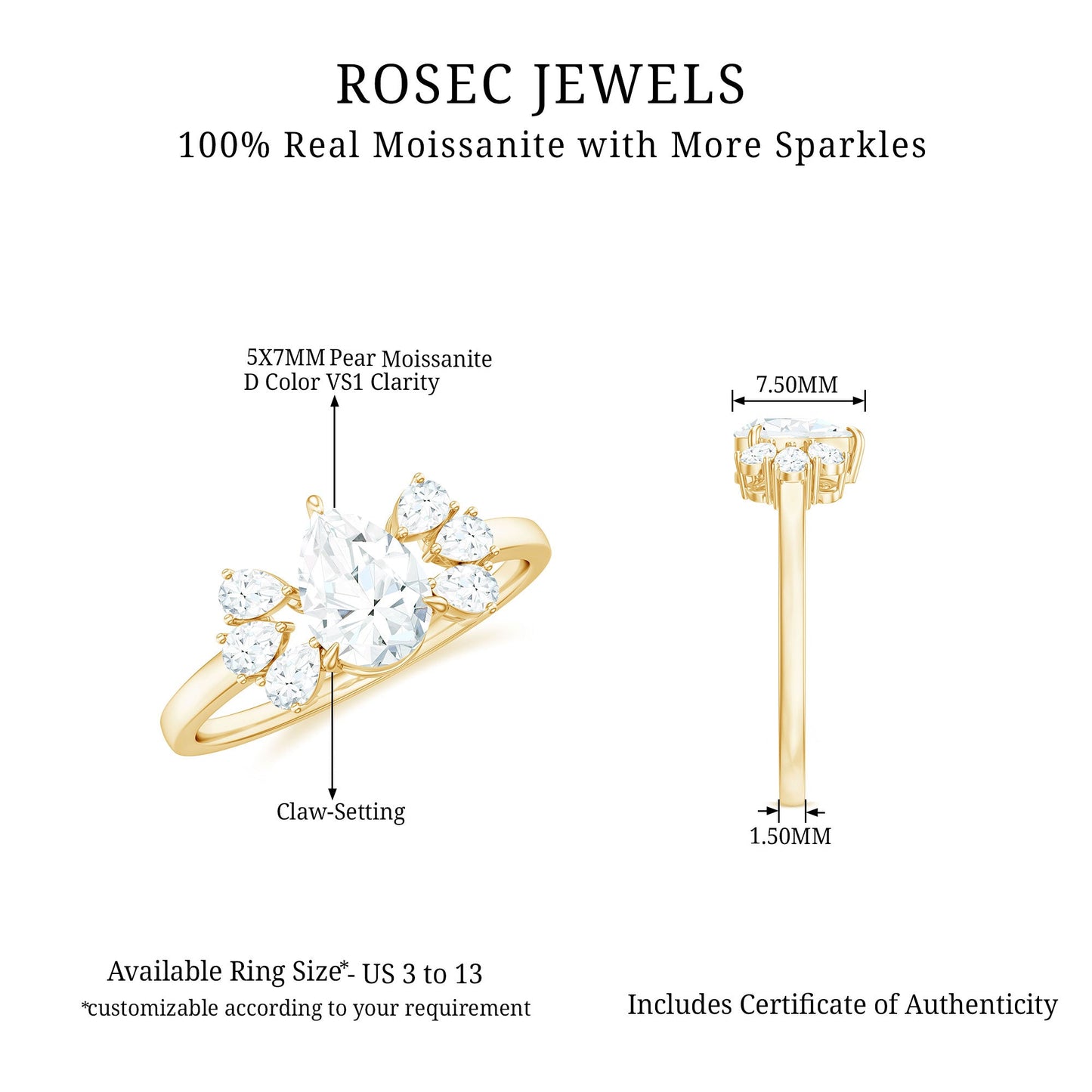 Certified Moissanite Pear Shape Engagement Ring with Trio
