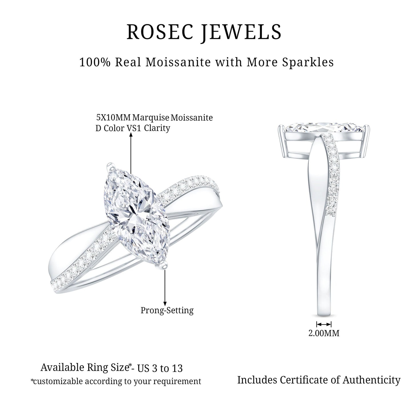 Classic Marquise Cut Moissanite Solitaire Engagement Ring