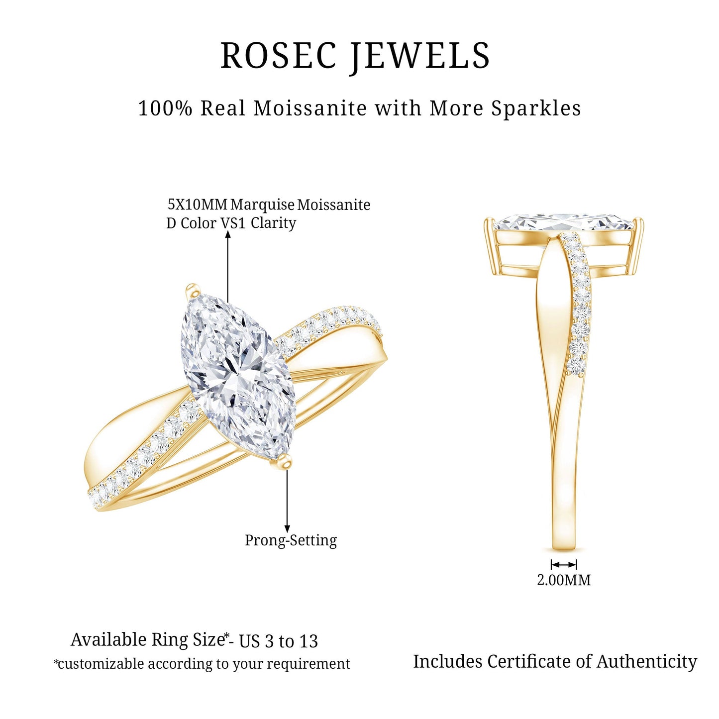 Classic Marquise Cut Moissanite Solitaire Engagement Ring