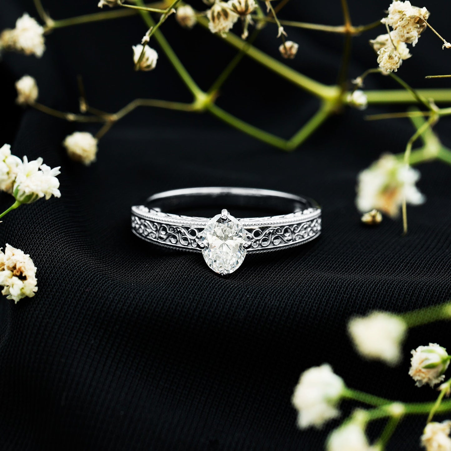 1.2 Carat Moissanite Oblong Engagement Ring with Filigree Shank