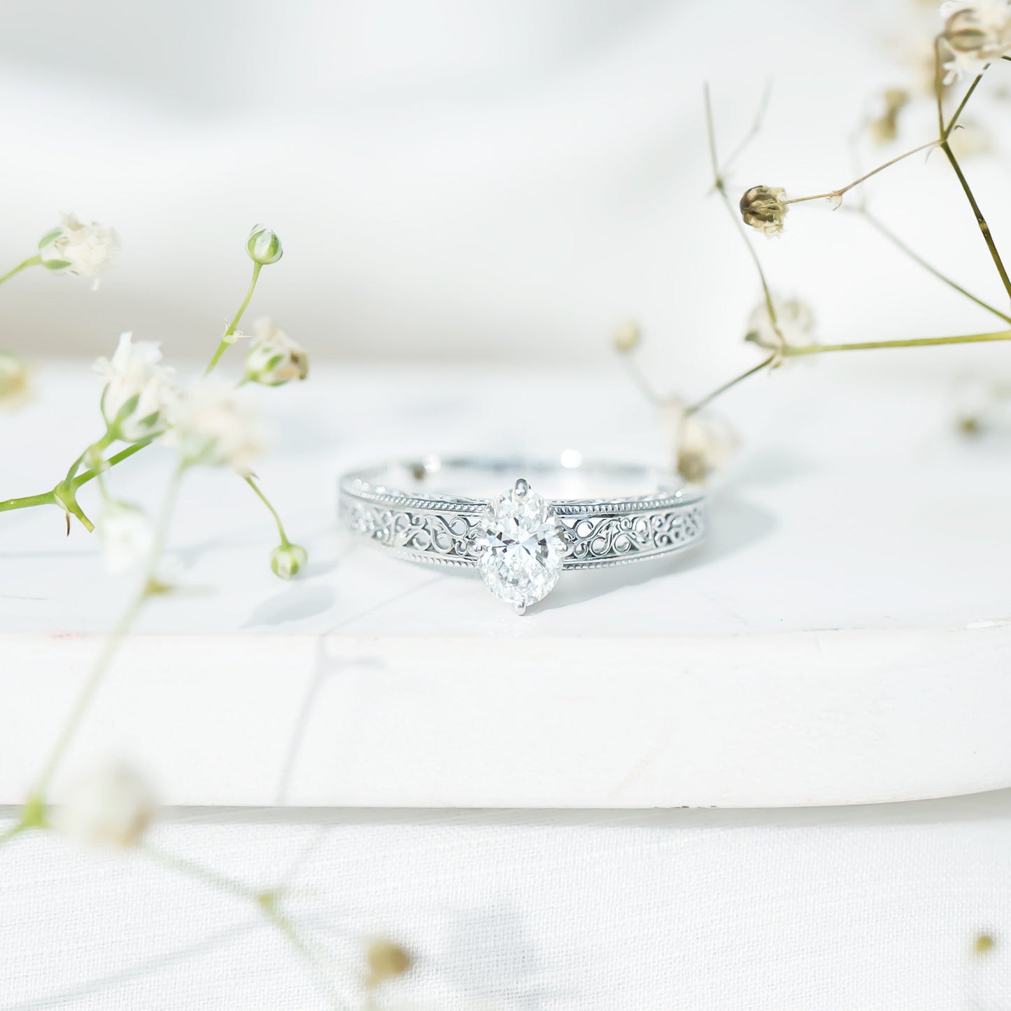 1.2 Carat Moissanite Oblong Engagement Ring with Filigree Shank