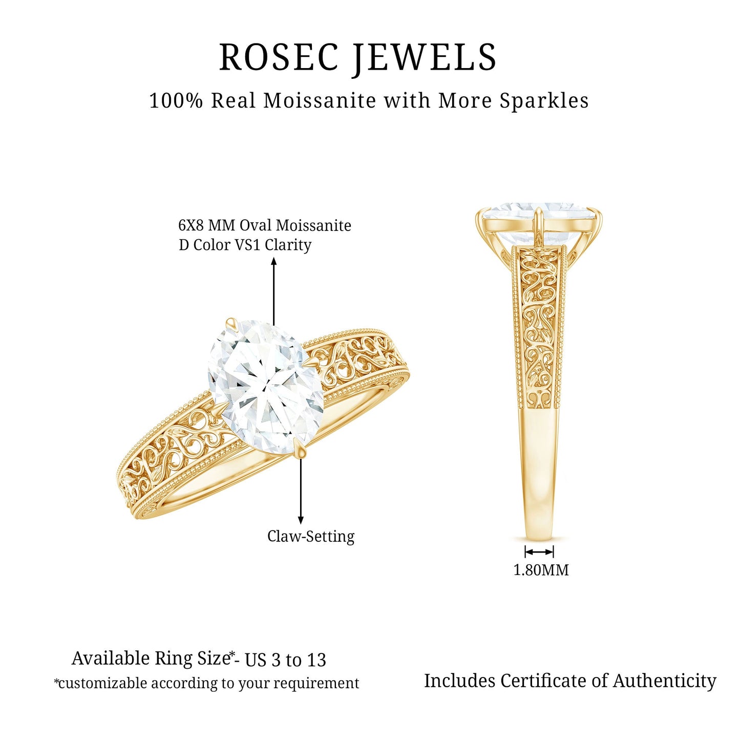 1.2 Carat Moissanite Oblong Engagement Ring with Filigree Shank