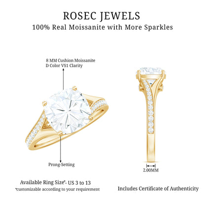 Huge Cushion Cut Moissanite Engagement Ring with Split Shank